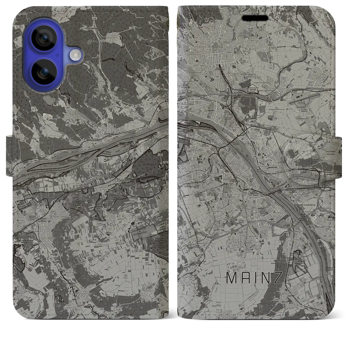 【マインツ(ドイツ)】地図柄iPhoneケース(手帳タイプ)モノトーン・iPhone 16 Pro Max 用