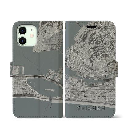 【舞阪（静岡県）】地図柄iPhoneケース（手帳タイプ）モノトーン・iPhone 12 mini 用