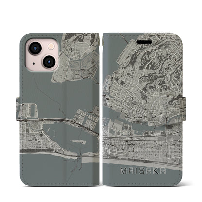 【舞阪（静岡県）】地図柄iPhoneケース（手帳タイプ）モノトーン・iPhone 13 mini 用