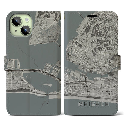 【舞阪（静岡県）】地図柄iPhoneケース（手帳タイプ）モノトーン・iPhone 15 用