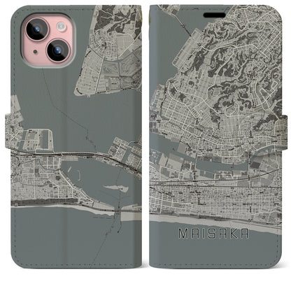 【舞阪（静岡県）】地図柄iPhoneケース（手帳タイプ）モノトーン・iPhone 15 Plus 用