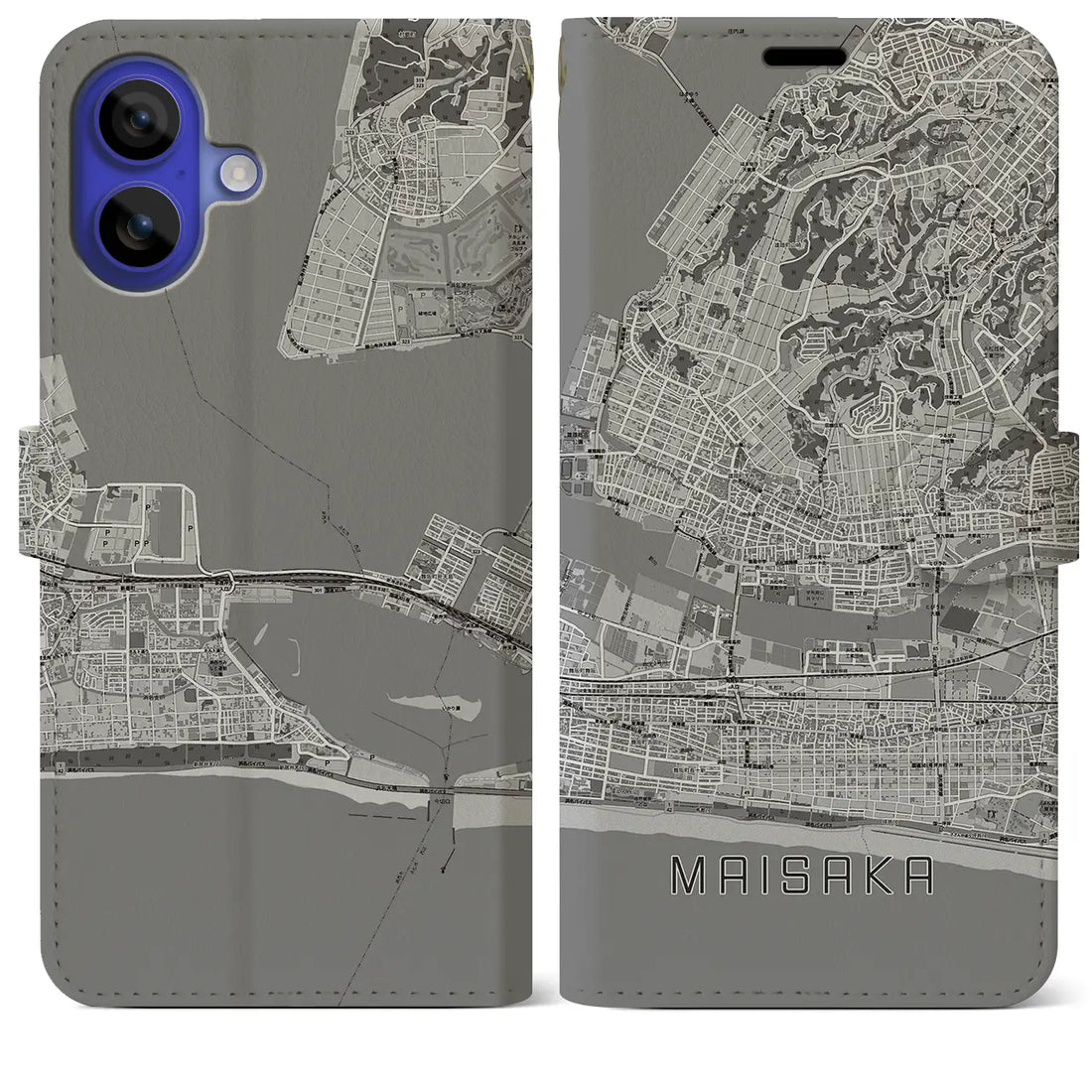 【舞阪(静岡県)】地図柄iPhoneケース(手帳タイプ)モノトーン・iPhone 16 Pro Max 用