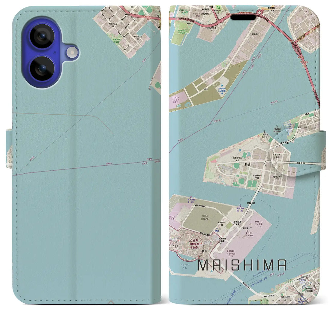 【舞洲(大阪府)】地図柄iPhoneケース(手帳タイプ)モノトーン・iPhone 16 Pro Max 用