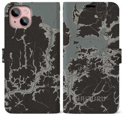 【舞鶴（京都府）】地図柄iPhoneケース（手帳タイプ）モノトーン・iPhone 15 Plus 用