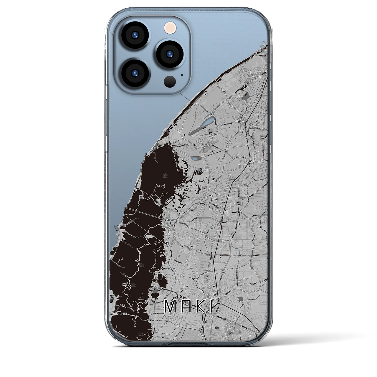 【巻（新潟県）】地図柄iPhoneケース（クリアタイプ）モノトーン・iPhone 13 Pro Max 用