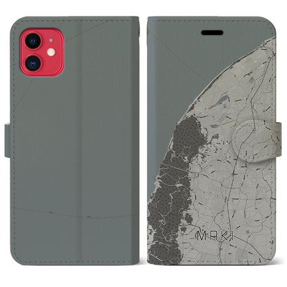 【巻（新潟県）】地図柄iPhoneケース（手帳タイプ）モノトーン・iPhone 11 用