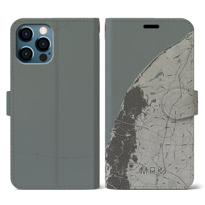 【巻（新潟県）】地図柄iPhoneケース（手帳タイプ）モノトーン・iPhone 12 / 12 Pro 用