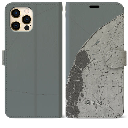 【巻（新潟県）】地図柄iPhoneケース（手帳タイプ）モノトーン・iPhone 12 Pro Max 用