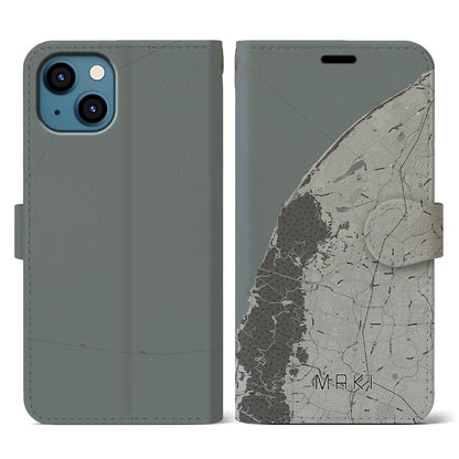 【巻（新潟県）】地図柄iPhoneケース（手帳タイプ）モノトーン・iPhone 13 用