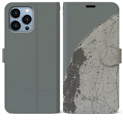 【巻（新潟県）】地図柄iPhoneケース（手帳タイプ）モノトーン・iPhone 13 Pro Max 用