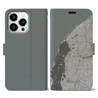 【巻（新潟県）】地図柄iPhoneケース（手帳タイプ）モノトーン・iPhone 13 Pro 用