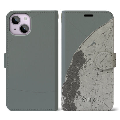 【巻（新潟県）】地図柄iPhoneケース（手帳タイプ）モノトーン・iPhone 14 用