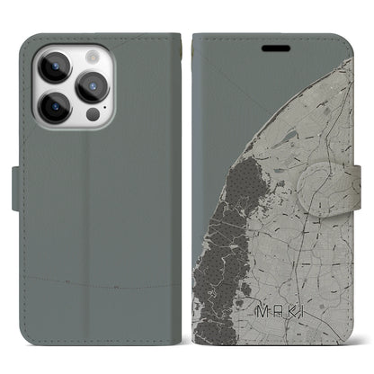 【巻（新潟県）】地図柄iPhoneケース（手帳タイプ）モノトーン・iPhone 14 Pro 用