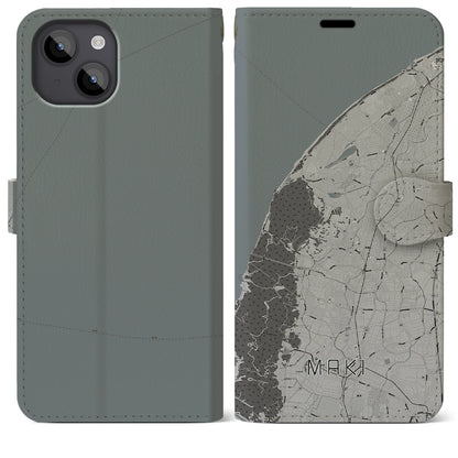 【巻（新潟県）】地図柄iPhoneケース（手帳タイプ）モノトーン・iPhone 14 Plus 用