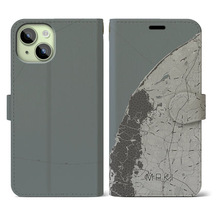 【巻（新潟県）】地図柄iPhoneケース（手帳タイプ）モノトーン・iPhone 15 用