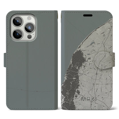 【巻（新潟県）】地図柄iPhoneケース（手帳タイプ）モノトーン・iPhone 15 Pro 用