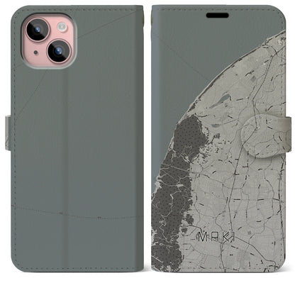 【巻（新潟県）】地図柄iPhoneケース（手帳タイプ）モノトーン・iPhone 15 Plus 用