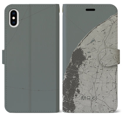 【巻（新潟県）】地図柄iPhoneケース（手帳タイプ）モノトーン・iPhone XS Max 用