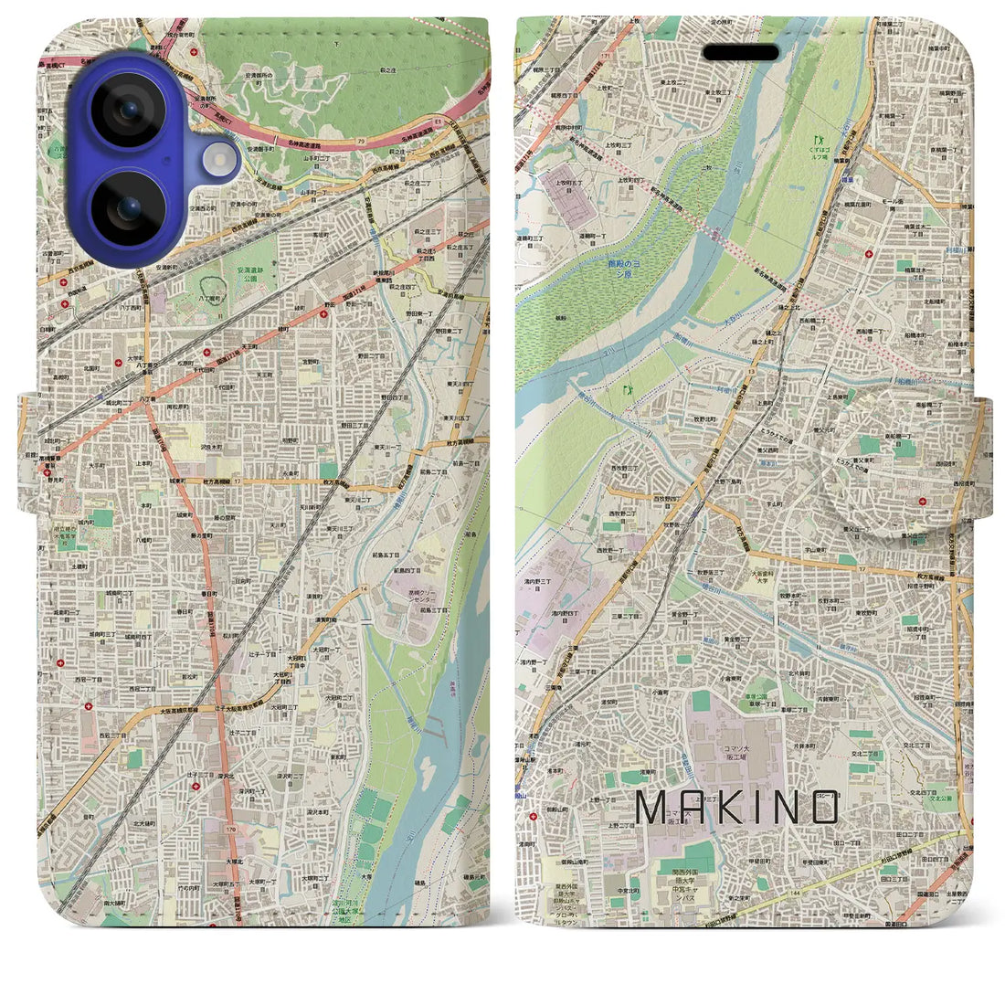【牧野（大阪府）】地図柄iPhoneケース（手帳タイプ）モノトーン・iPhone 16 Pro Max 用