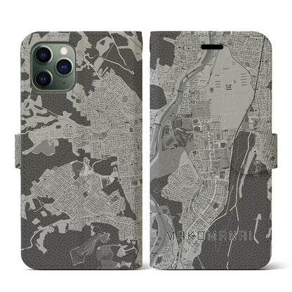 【真駒内（北海道）】地図柄iPhoneケース（手帳タイプ）モノトーン・iPhone 11 Pro 用