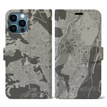 【真駒内（北海道）】地図柄iPhoneケース（手帳タイプ）モノトーン・iPhone 12 / 12 Pro 用