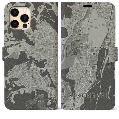 【真駒内（北海道）】地図柄iPhoneケース（手帳タイプ）モノトーン・iPhone 12 Pro Max 用