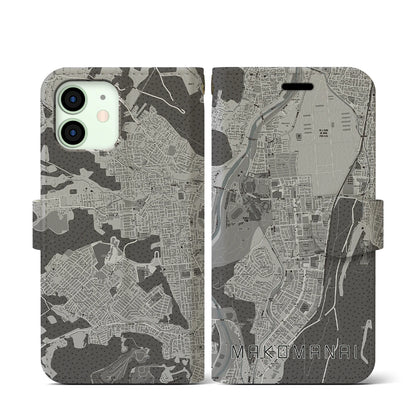 【真駒内（北海道）】地図柄iPhoneケース（手帳タイプ）モノトーン・iPhone 12 mini 用