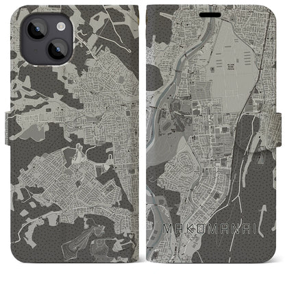 【真駒内（北海道）】地図柄iPhoneケース（手帳タイプ）モノトーン・iPhone 14 Plus 用