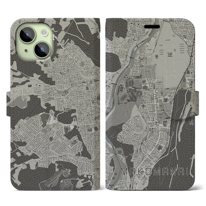 【真駒内（北海道）】地図柄iPhoneケース（手帳タイプ）モノトーン・iPhone 15 用