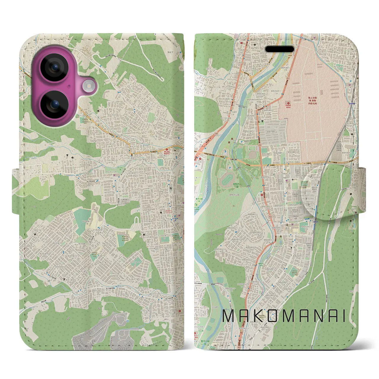 【真駒内（北海道）】地図柄iPhoneケース（手帳タイプ）ナチュラル・iPhone 16 Pro 用