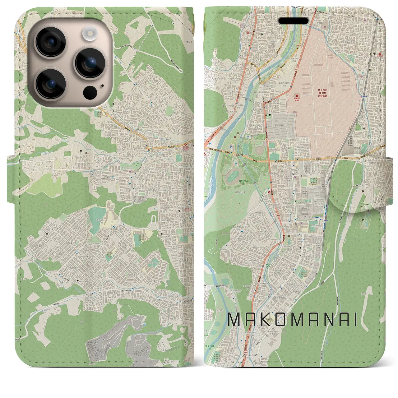 【真駒内（北海道）】地図柄iPhoneケース（手帳タイプ）ナチュラル・iPhone 16 Plus 用