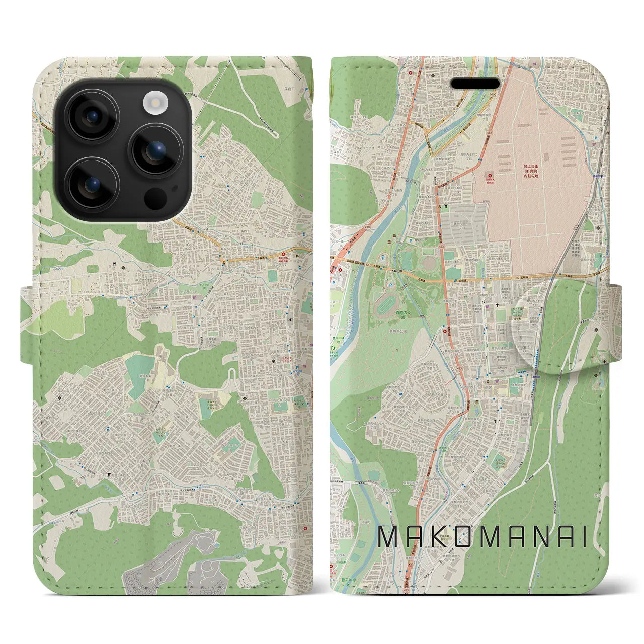 【真駒内（北海道）】地図柄iPhoneケース（手帳タイプ）ナチュラル・iPhone 16 用