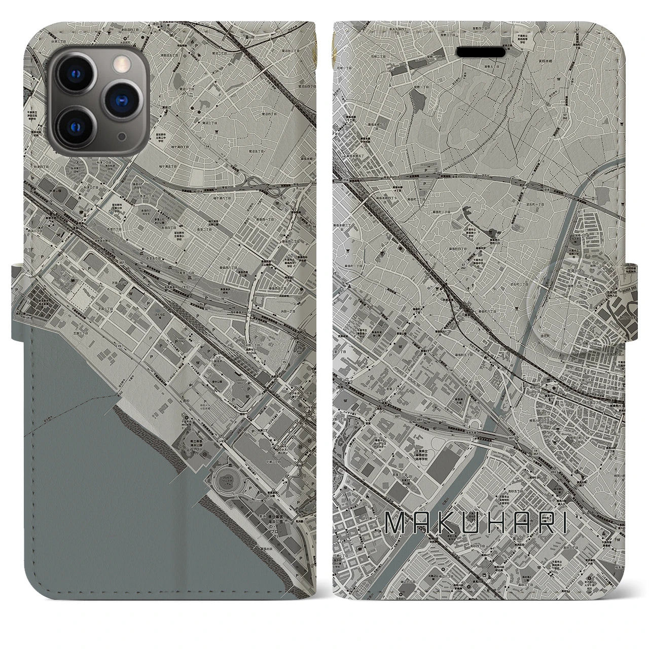 【幕張】地図柄iPhoneケース（手帳両面タイプ・モノトーン）iPhone 11 Pro Max 用