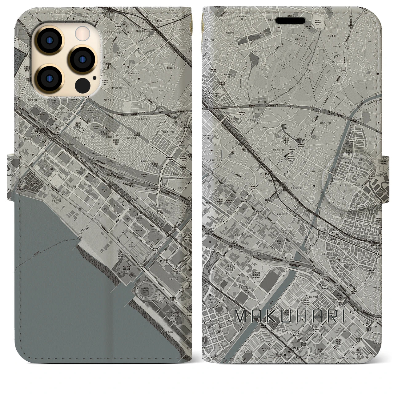 【幕張】地図柄iPhoneケース（手帳両面タイプ・モノトーン）iPhone 12 Pro Max 用