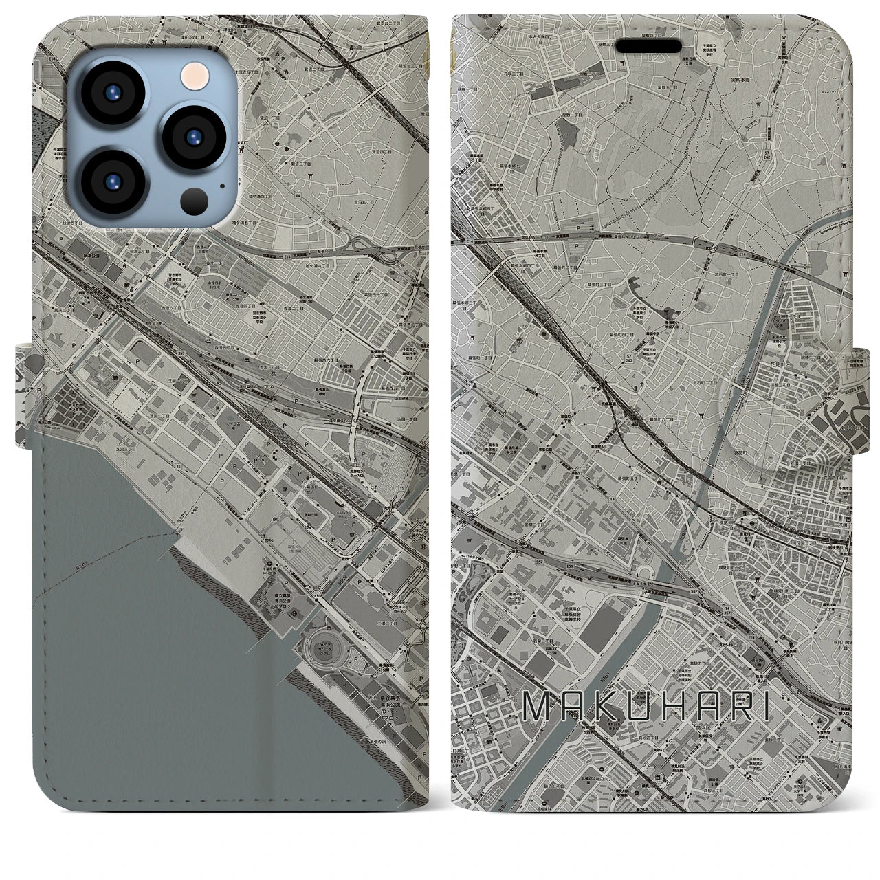 【幕張】地図柄iPhoneケース（手帳両面タイプ・モノトーン）iPhone 13 Pro Max 用