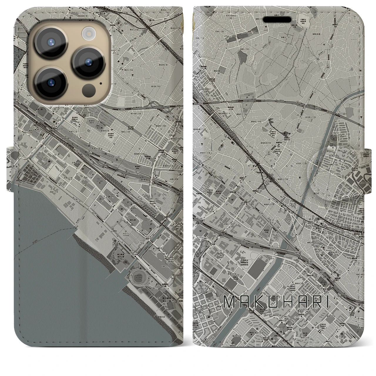 【幕張】地図柄iPhoneケース（手帳両面タイプ・モノトーン）iPhone 14 Pro Max 用