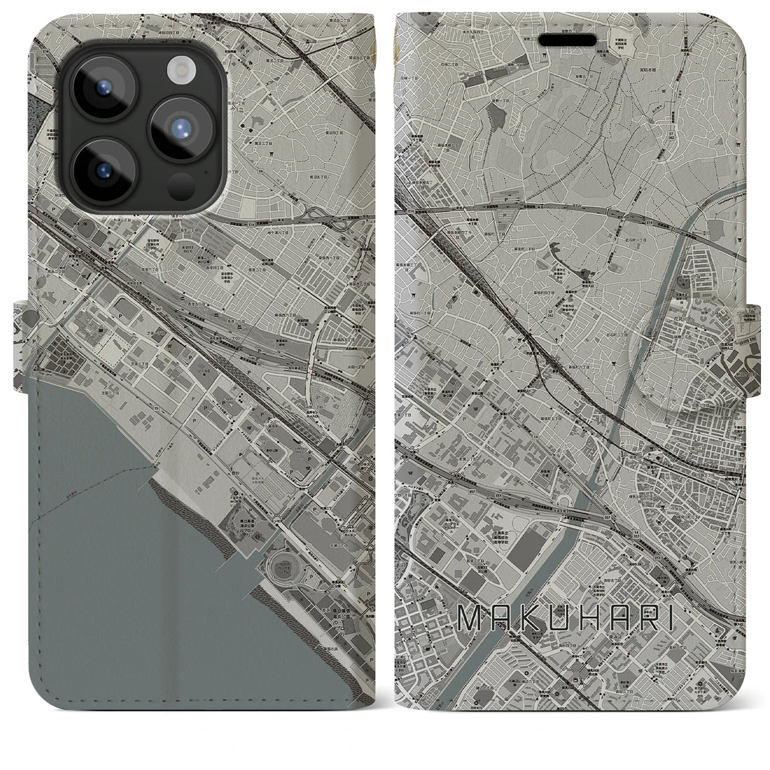 【幕張】地図柄iPhoneケース（手帳両面タイプ・モノトーン）iPhone 15 Pro Max 用