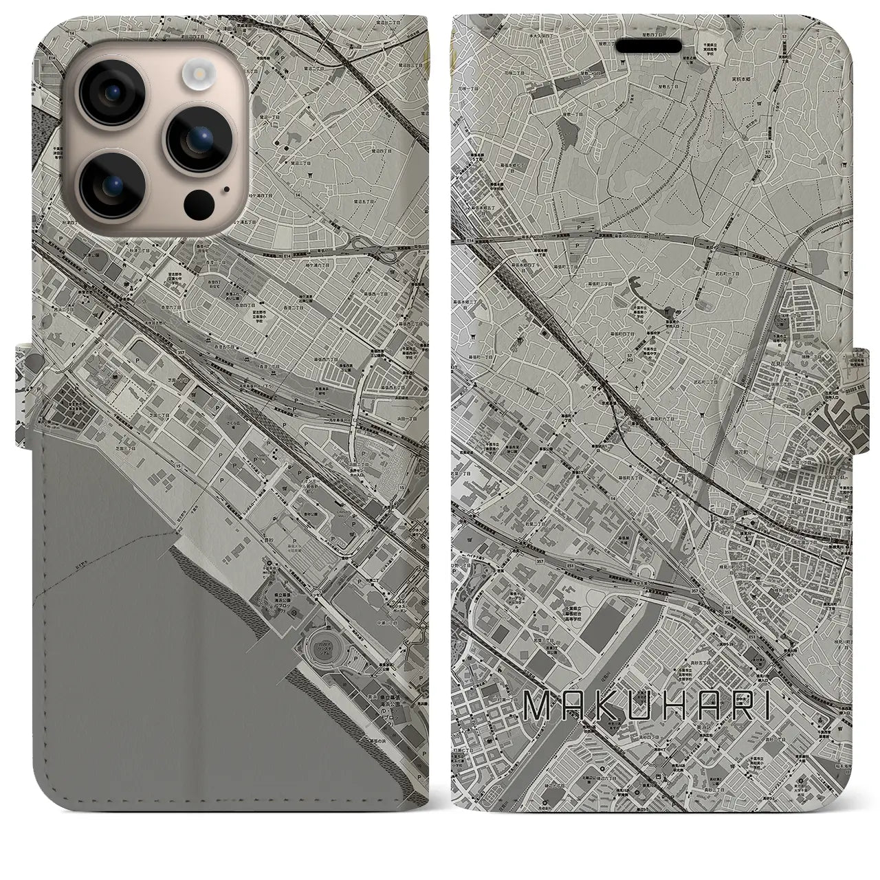 【幕張（千葉県）】地図柄iPhoneケース（手帳タイプ）モノトーン・iPhone 16 Plus 用