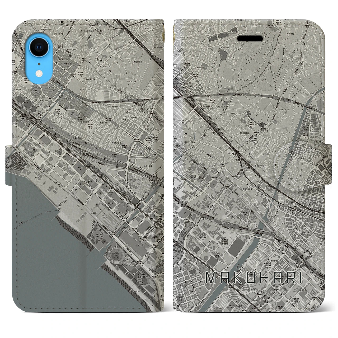 【幕張】地図柄iPhoneケース（手帳両面タイプ・モノトーン）iPhone XR 用