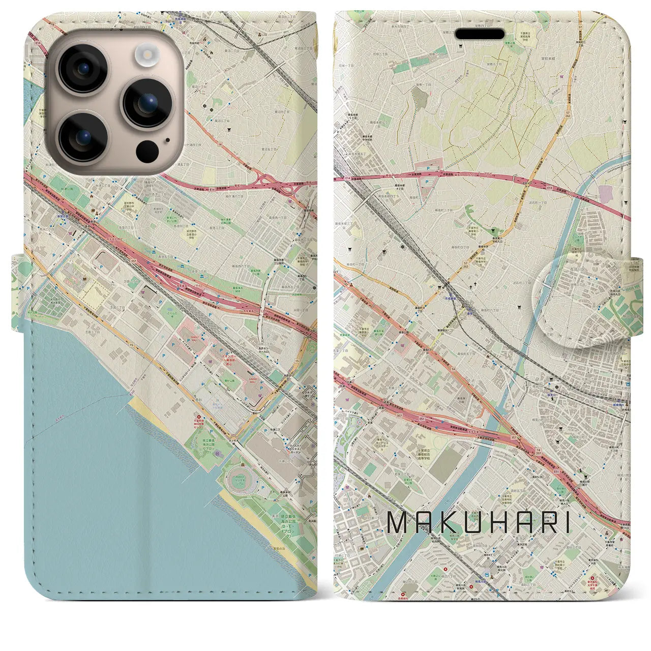 【幕張（千葉県）】地図柄iPhoneケース（手帳タイプ）ナチュラル・iPhone 16 Plus 用