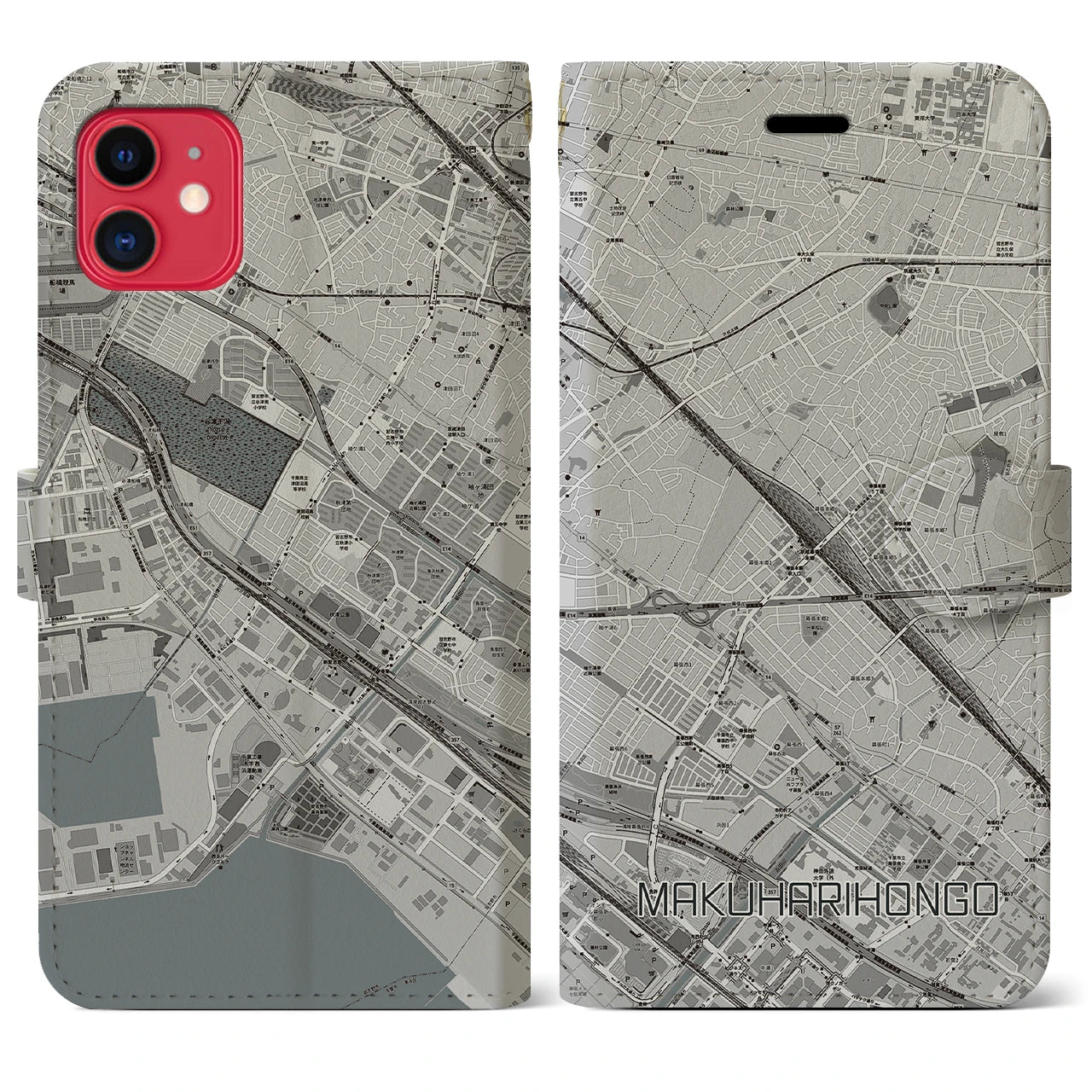 【幕張本郷】地図柄iPhoneケース（手帳両面タイプ・モノトーン）iPhone 11 用