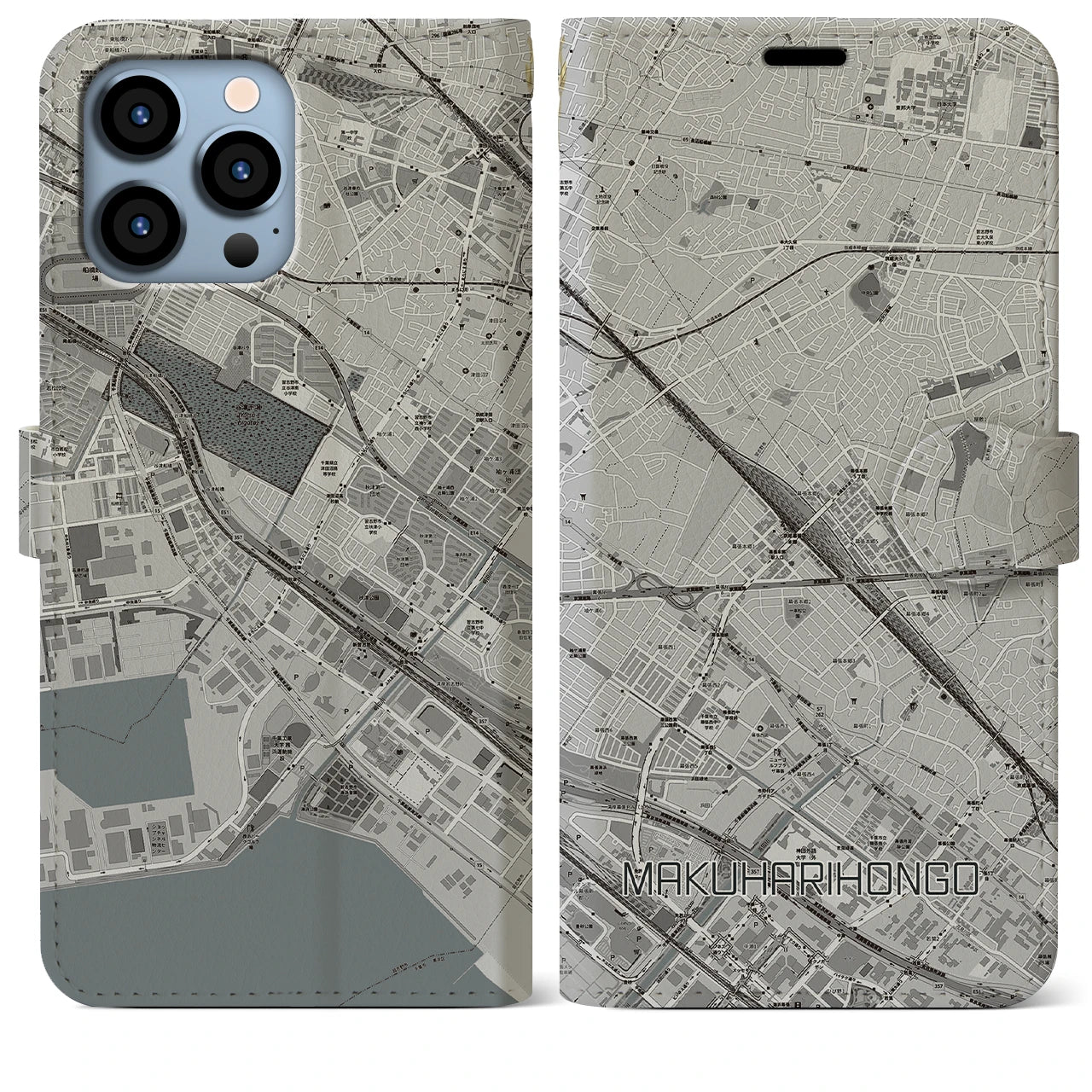 【幕張本郷】地図柄iPhoneケース（手帳両面タイプ・モノトーン）iPhone 13 Pro Max 用
