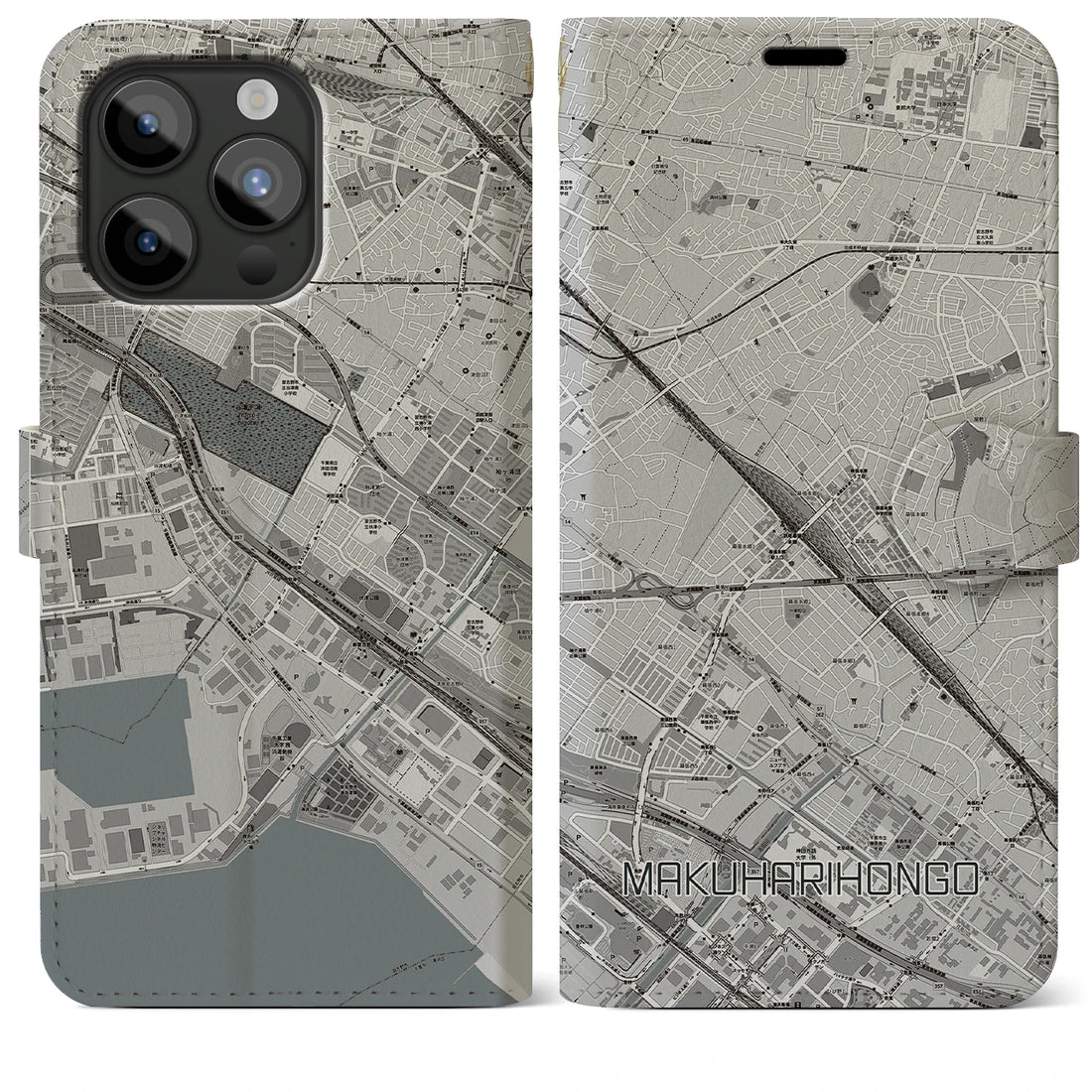 【幕張本郷】地図柄iPhoneケース（手帳両面タイプ・モノトーン）iPhone 15 Pro Max 用