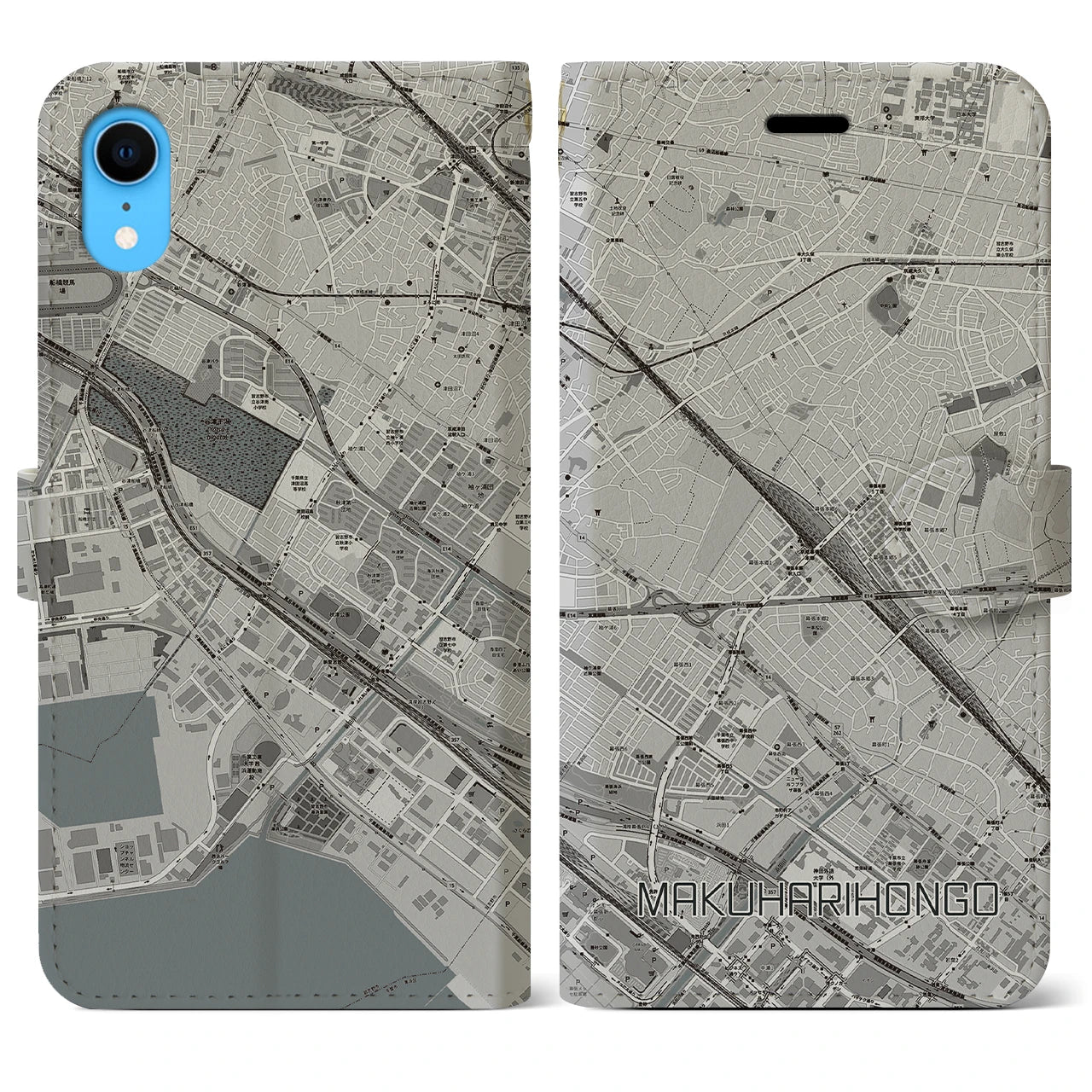 【幕張本郷】地図柄iPhoneケース（手帳両面タイプ・モノトーン）iPhone XR 用