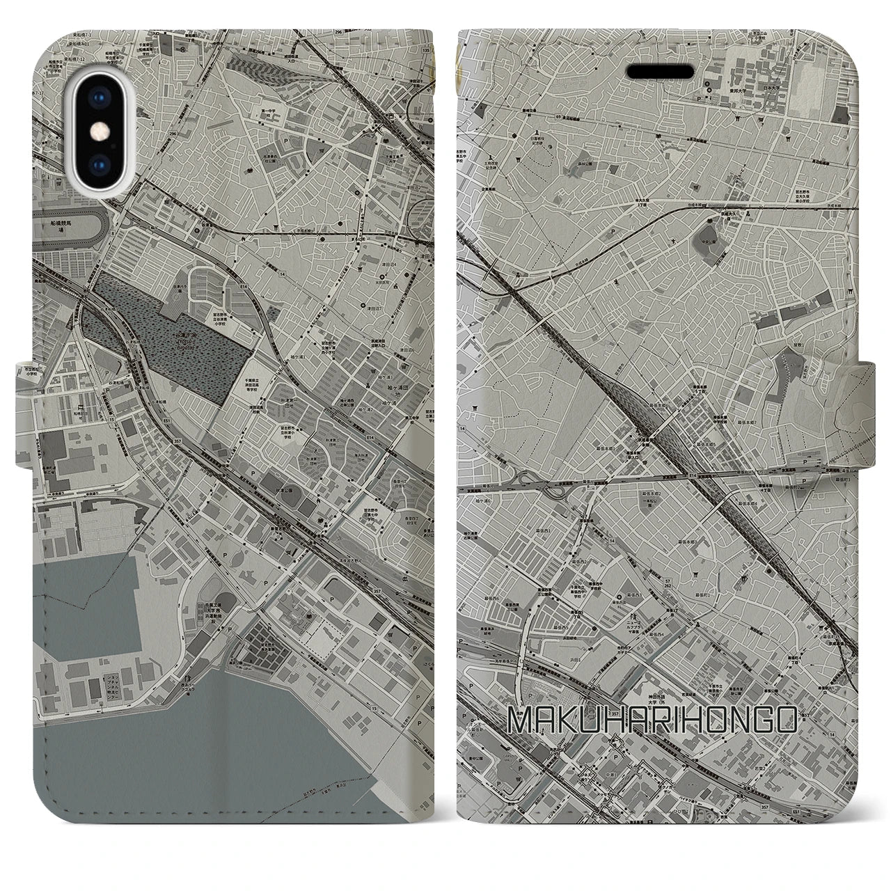 【幕張本郷】地図柄iPhoneケース（手帳両面タイプ・モノトーン）iPhone XS Max 用