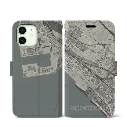 【幕張豊砂（千葉県）】地図柄iPhoneケース（手帳タイプ）モノトーン・iPhone 12 mini 用