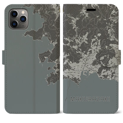 【枕崎（鹿児島県）】地図柄iPhoneケース（手帳タイプ）モノトーン・iPhone 11 Pro Max 用