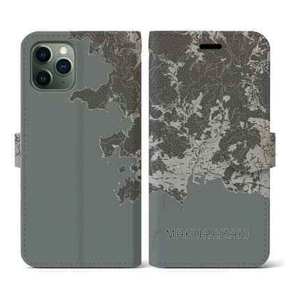 【枕崎（鹿児島県）】地図柄iPhoneケース（手帳タイプ）モノトーン・iPhone 11 Pro 用