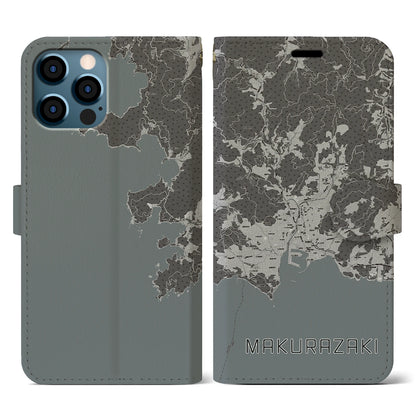 【枕崎（鹿児島県）】地図柄iPhoneケース（手帳タイプ）モノトーン・iPhone 12 / 12 Pro 用