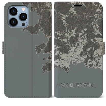 【枕崎（鹿児島県）】地図柄iPhoneケース（手帳タイプ）モノトーン・iPhone 13 Pro Max 用